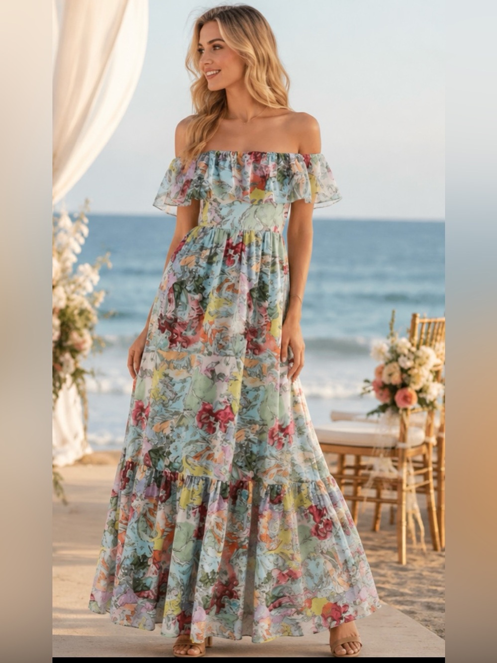 NWT Alice + Olivia Ruffled Off Shoulder Maxi Dress - Multi Print Boho Maxi Dress - Picture 12 of 13